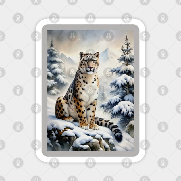 A Proud Snow Leopard Went Hunting, in the Snowy forest, Hight Mountains, Snow Falling, Winter Landscape, Wildlife White Panthera, Watercolor Realistic Illustration, Art, Portrait, Poster, Shirt, Christmas Holiday, Birthday gifts, Hunting lover Magnet by sofiartmedia