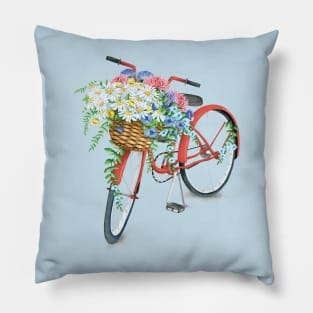 Vintage Red Bicycle With Flowers Pillow