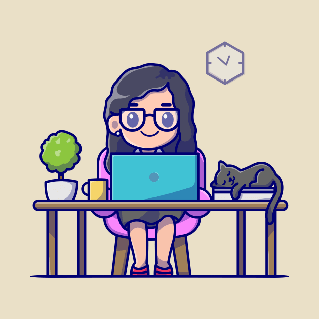 Cute Girl Working On Laptop With Cat Cartoon by Catalyst Labs