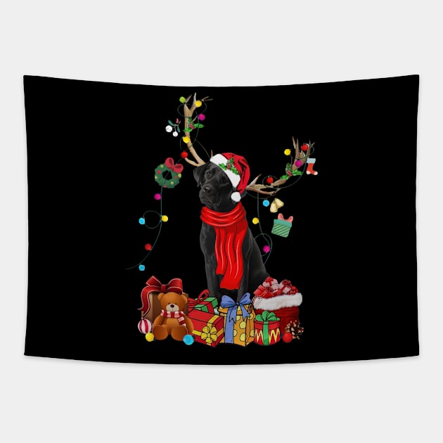 Black Labrador Reindeer Xmas Lights Merry Christmas Tapestry by cogemma.art