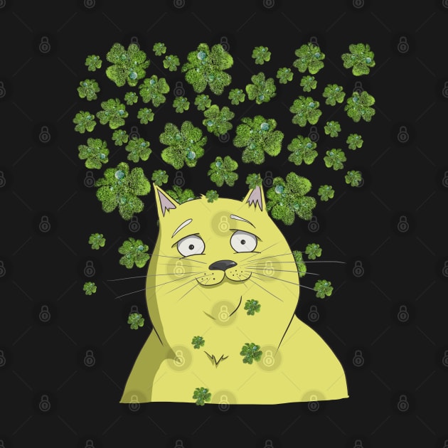 Yellow Cat & Green Clovers Funny Shamrock St Patricks Day by Ai Wanderer