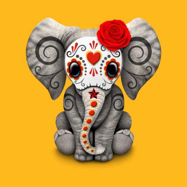 Red Day of the Dead Sugar Skull Baby Elephant by jeffbartels