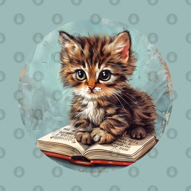 Cute cat reading book children illustration by beangeerie