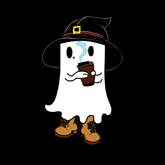 cute Ghost with witch hat drinking coffee by sopiansentor8