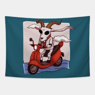 A goat rides on a motorcycle Tapestry