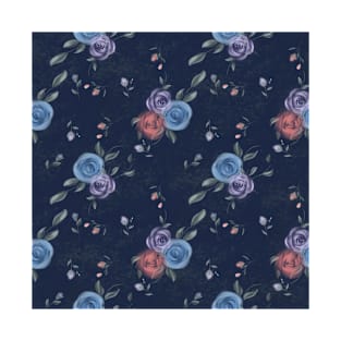 Multiple colour Floral design with dark blue background T-Shirt