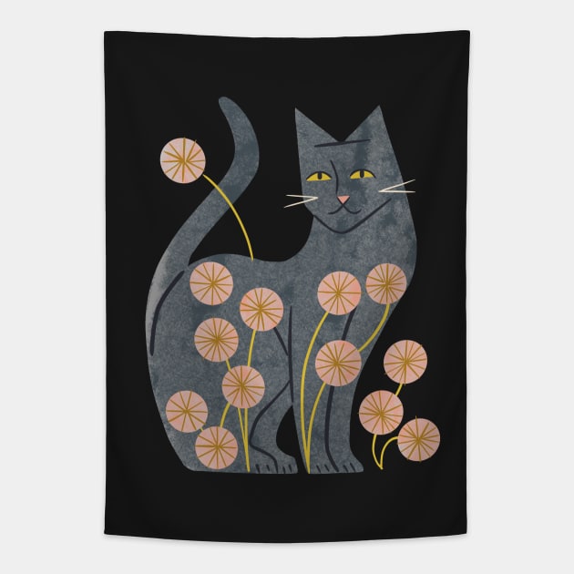 Gray Cat And Flowers Tapestry by Renea L Thull