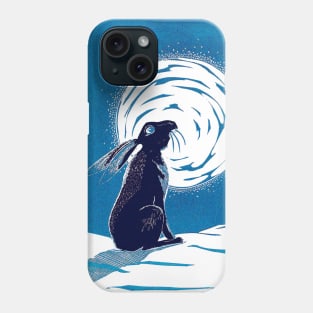 Moon Gazing Hare in Winter Linocut in Blues Phone Case