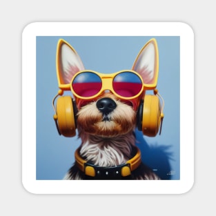 Yorkie Terrier Wearing Yellow Glasses and Headphones Magnet