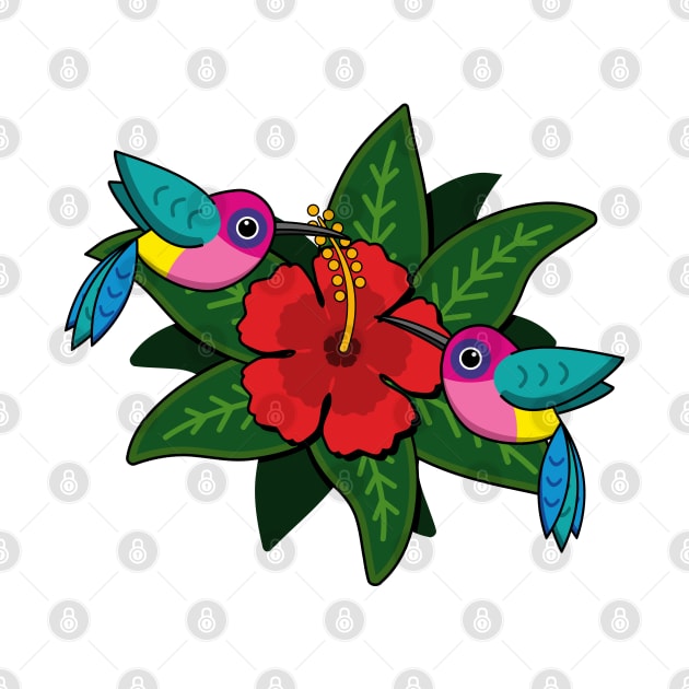 Cute Hummingbirds on Hibiscus Flower Cartoon - White by BirdAtWork