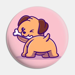 Cute Dog Bites Bone Cartoon Pin