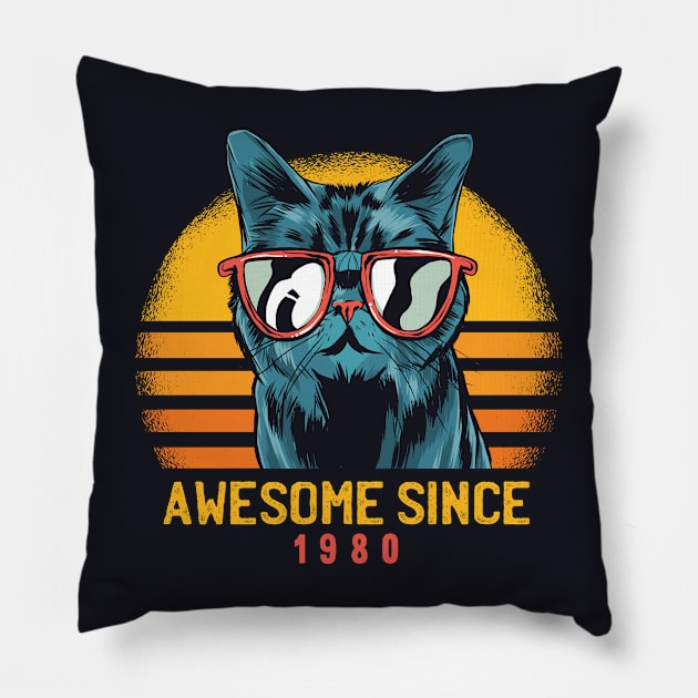 Retro Cool Cat Awesome Since 1980 // Awesome Cattitude Cat Lover Pillow by Now Boarding