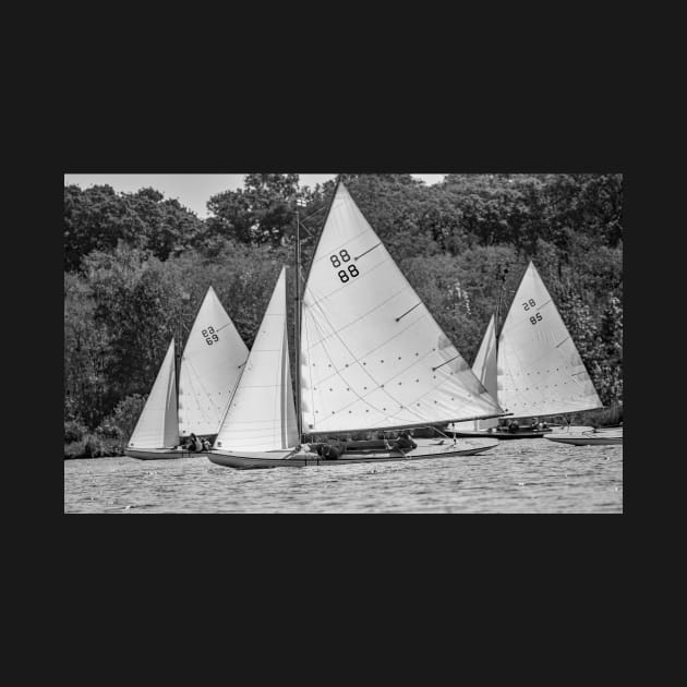 Two men racing a brown boat on Wroxham Broad, Norfolk by yackers1