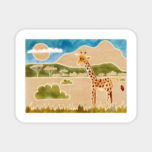 Cute Giraffe in the Savannah, Batik silk painting style Magnet