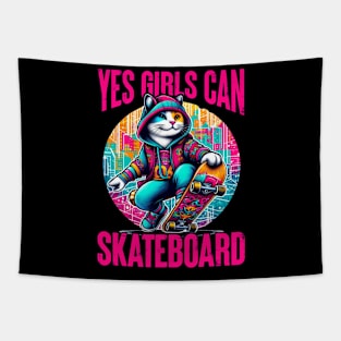 Yes Girls Can Skateboard - Cute Skateboarder Skater Cat Tapestry