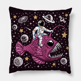 Astronaut Riding an Angler Fish // Funny Outer Space Cartoon Pillow