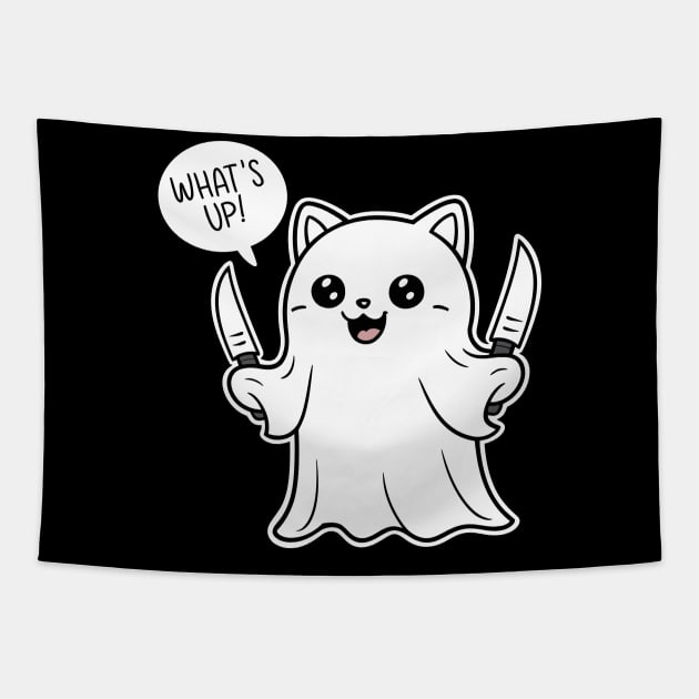 Cute Ghost with knife What's Up Tapestry by FunnyZone