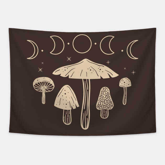 Cottagecore Mushroom Goblincore Moon Phases Tapestry by uncommontee