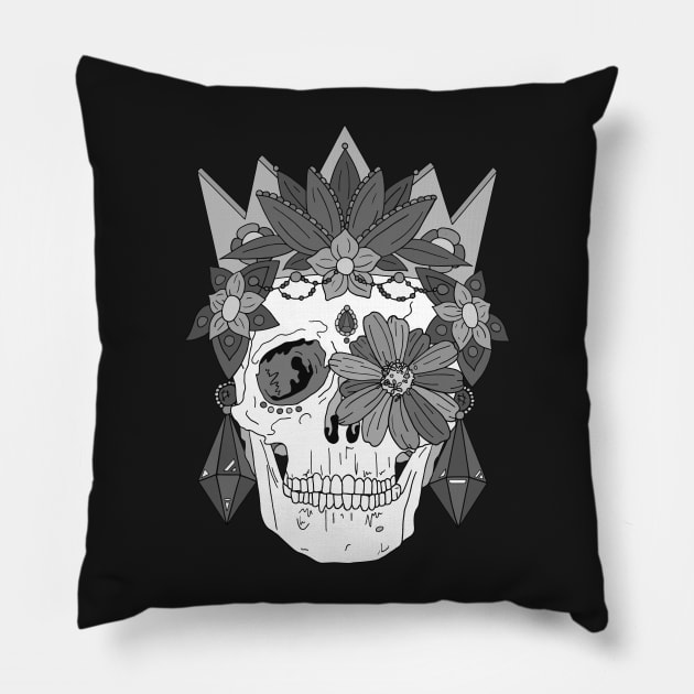 Royal Dead, Floral Crown Greyscale Sugar Skull Pillow by bblane