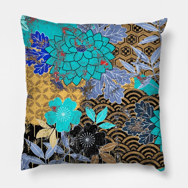 Japanese Floral Pattern Chrysanthemum Cherry Blossom Earth Tone Colors 23 Pillow by dvongart