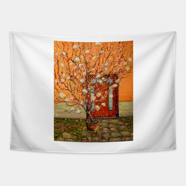 Blooming tree in front of the door. Castello de Empuries Tapestry by NataliaShchip