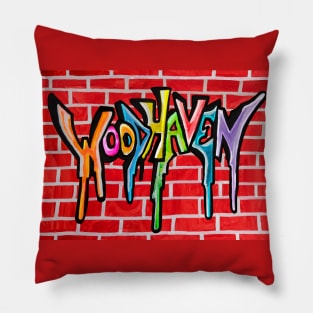 Woodhaven Queens Graffiti Tag on Brick Wall Pillow