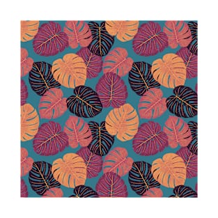 Vibrant Modern Monstera Leaves Pattern on teal background T-Shirt