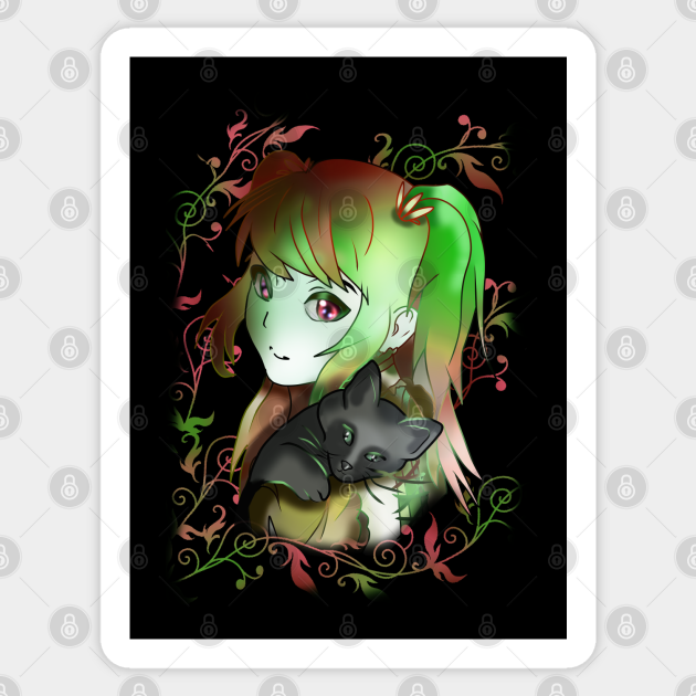 Green witch girl with black kitten for anime fans - Witch - Sticker | TeePublic Green witch girl with black kitten for anime fans - Witch - Sticker | TeePublic