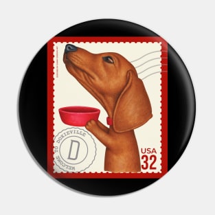Cute dachshund wants another treat on vintage stamp Pin