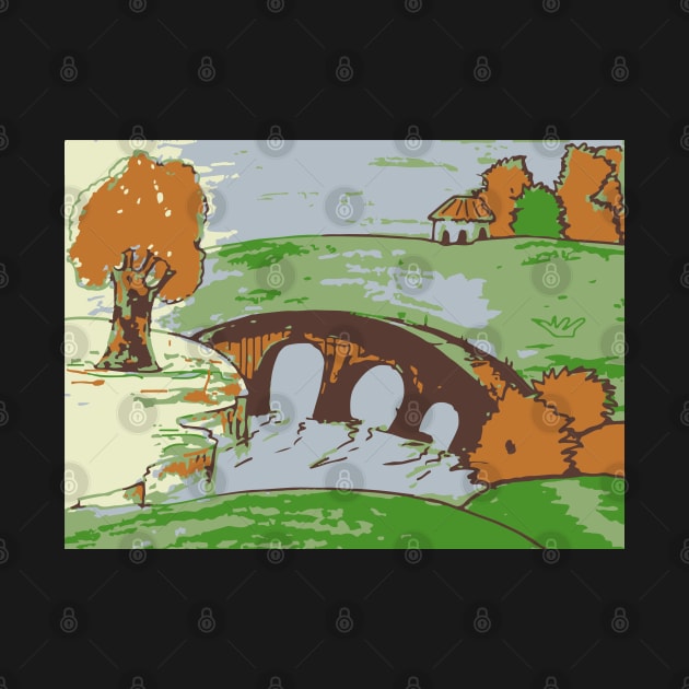 The bridge. Colorful Landscape Sketch Art Print Nature Trees And Water Hand Drawing, Green Orange And Brown Colors Version 1/2 by Modern Art