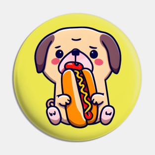 Cute Pug Dog Eating a Hot Dog - Kawaii Pug - Fun Puppy - Look at Those Eyes Pin