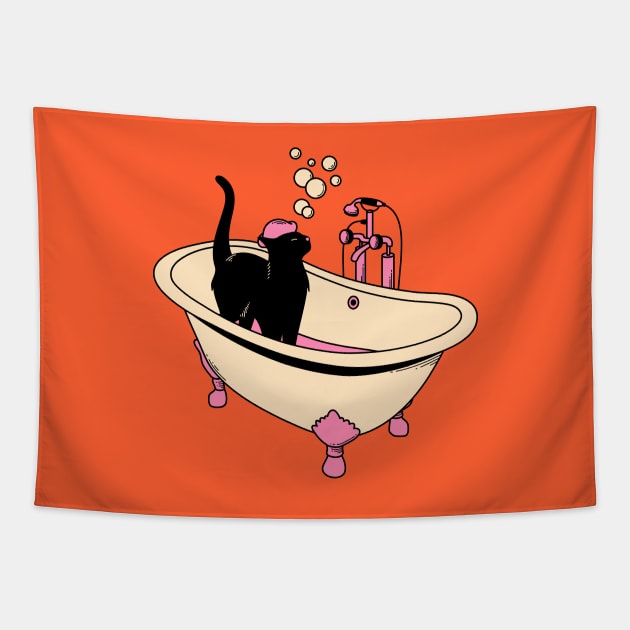 Spa Day Black Cat in orange Tapestry by The Charcoal Cat Co.