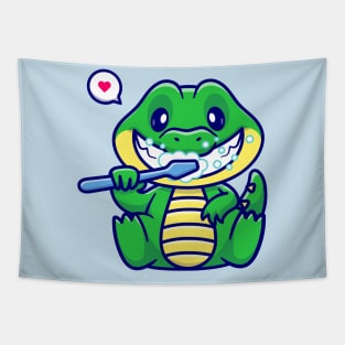 Cute Crocodile Brushing Teeth Cartoon Tapestry