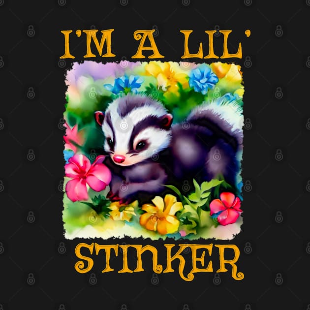 Cartoon I'M A LIL' STINKER Baby Skunk In Flower Bed by Roly Poly Roundabout