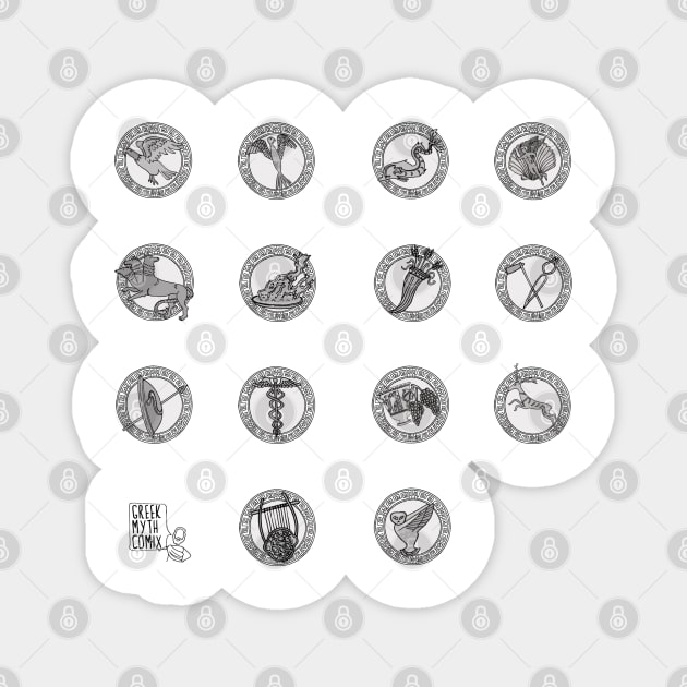 Greek Myth Comix - The Olympian Gods sacred symbols BW Magnet by GreekMythComix