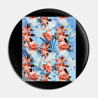 Palm Leaves And Flowers, Red Blue Pin