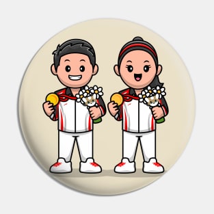 Cute Boy And Girl Winning Champion Cartoon Pin