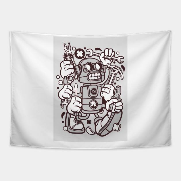 Design 57 Tools Robot Tapestry by Hudkins