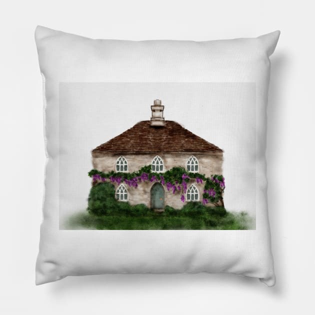 Cotswold Cottage Watercolor Chocolate Box Spring Stone Cottage Pillow by penandbea