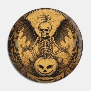 scary skeleton with wings standing on top of the pumpkin, halloween design Pin