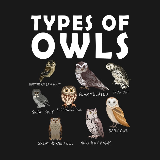 Types Of Owls T-Shirt Funny Owl Gifts For Owl Lovers Cute Owl Shirts For Men And Women by paynegabriel