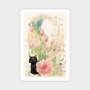 Black Kitty in Flower Garden Soft Pastel Colors Magnet