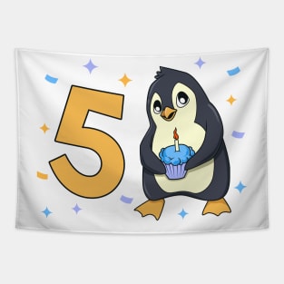 I am 5 with penguin - kids birthday 5 years old Tapestry