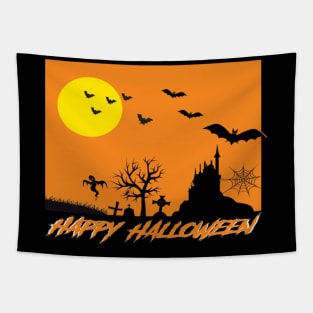 Moonlit Haunted House Ghost Bat Cobweb Gravestone. Tapestry