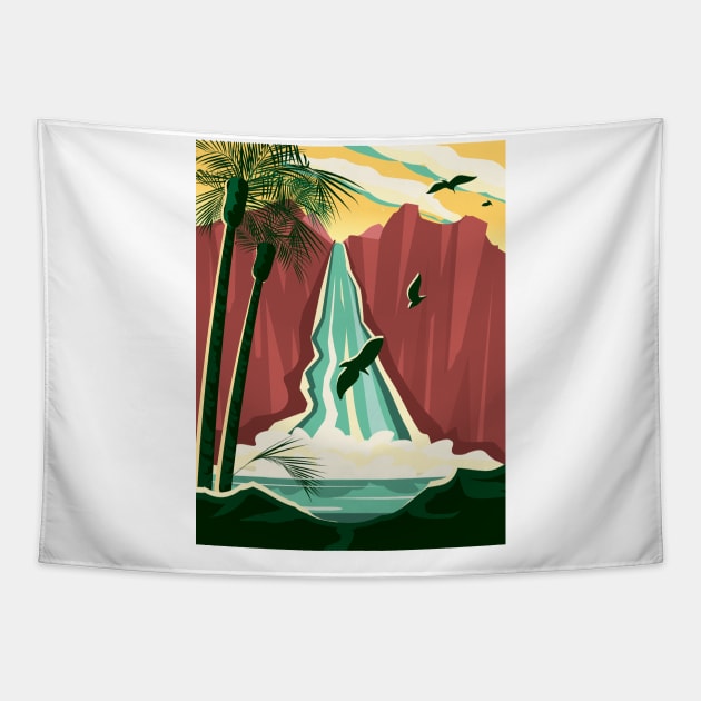 Stylized waterfall nature scene Tapestry by JDawnInk