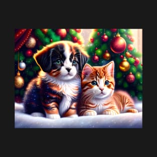 Cute puppy and cat under Christmas tree T-Shirt