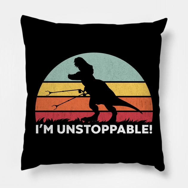 Funny T Rex I'm Unstoppable With Trash Grabber Picker (Stripes) Pillow by vycenlo