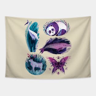 Panda Stork Whale Deer Butterfly hand drawn Tapestry