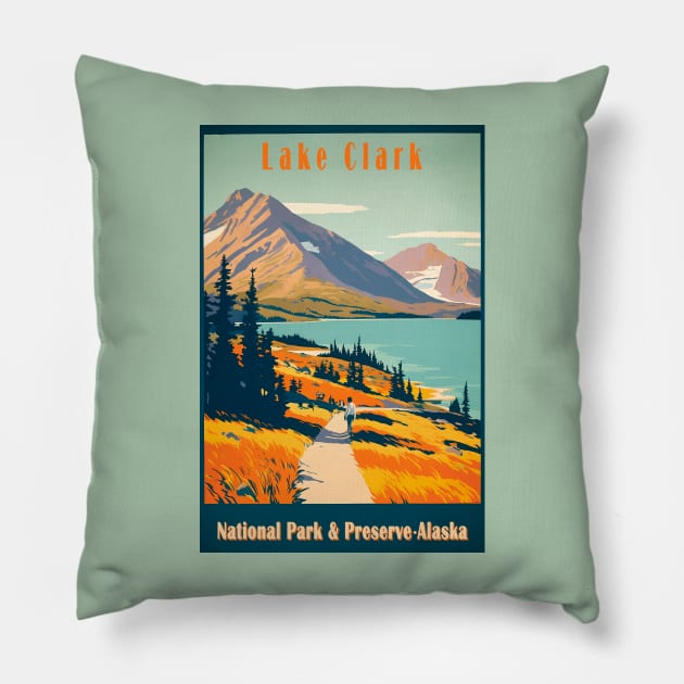 Lake Clark National Park Vintage Travel Poster Pillow by GreenMary Design