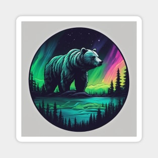 Brown Bear with Forest and Borealis, Colorful, Beautiful Magnet